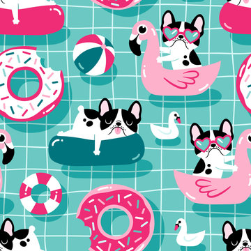 Seamless vector pattern with cute dogs with pool floats in a swimming pool.