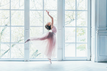 Young classical ballet dancer girl in dance class. Beautiful graceful ballerina practice ballet positions in pink tutu skirt near large window in white light hall