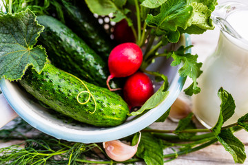 Fresh vegetables and ingredients for cold soup.