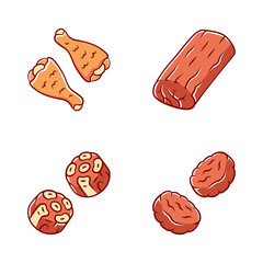 Butchers meat color icons set. Grilled chicken drumsticks, pork roast, burger patties, oxtails. Meat production and sale. Butchery business. Roasted meat production. Isolated vector illustrations
