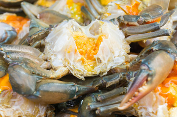 Raw fresh crabs eggs unwrap crust already prepare for dinner seafood cooking for steam or...