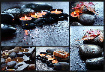 Collage of Spa details, candles and stone.