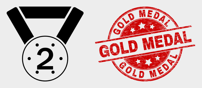 Vector 2nd Place Medal Pictogram And Gold Medal Watermark. Red Round Scratched Watermark With Gold Medal Text. Vector Composition For 2nd Place Medal In Flat Style.