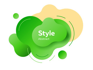 Obraz premium Green abstract modern liquid element with sample text. Dynamic colored forms and lines. Gradient abstract banner with flowing shapes. Template for logo, flyer, presentation design. Vector illustration