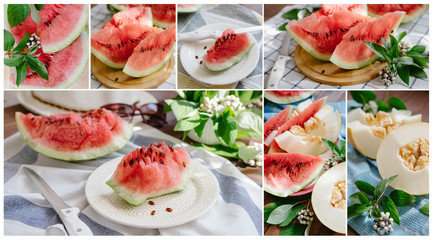 Collage of fresh fruits. Sweet watermelon on wood table.