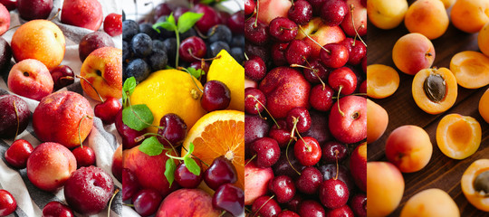Collage of fresh fruit. Various Compositions Of Fruit.