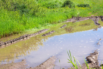 Road in contryside after rain. Puddles and mud. Off road in rainy season