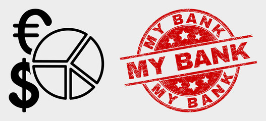 Vector currency pie chart pictogram and My Bank stamp. Red round grunge seal stamp with My Bank caption. Vector composition for currency pie chart in flat style.