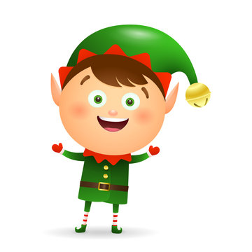 Happy Christmas elf wearing green costume cartoon illustration. Fairy tale, celebration, congratulation. Christmas concept. Vector illustration can be used for topics like holiday, childhood, event