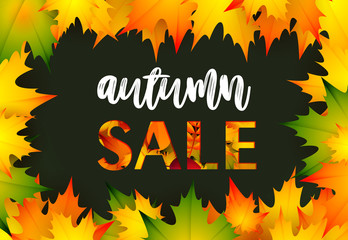Autumn sale black retail banner design. Text in frame, yellow, orange and green foliage isolated on black background. Vector illustration can be used for flyers, posters, ads, promo