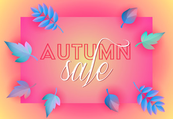Autumn Sale flyer design with blue leaves. Calligraphic text on pink card on beige background. Vector illustration can be used for retail banners, posters, leaflets