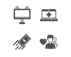 Set of Fast payment, Medical help and Road banner icons. Man love sign. Finance transfer, Medicine laptop, Advertisement. Romantic people.  Classic design fast payment icon. Flat design. Vector