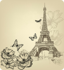 Vintage background with Eiffel Tower and roses. Hand drawing, vector illustration. - 277733553