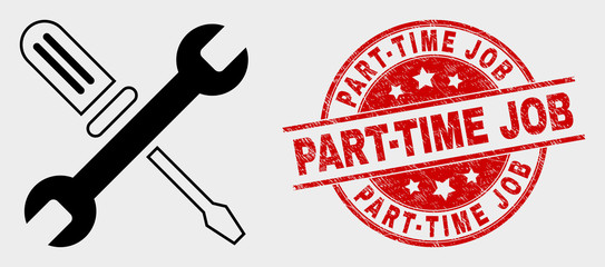 Vector repair tools pictogram and Part-Time Job watermark. Red round distress watermark with Part-Time Job text. Vector composition for repair tools in flat style.