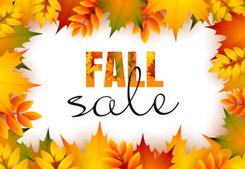 Fall sale retail banner design with yellow and red leaves. Calligraphic text in frame and autumn foliage isolated on white. Vector illustration can be used for flyers, posters, ads, promo