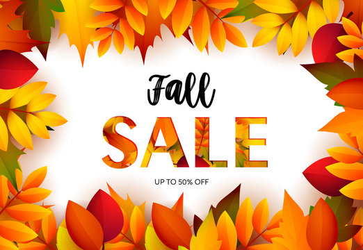 Fall sale retail banner design with maple leaves. Text in frame and autumn foliage isolated on white. Vector illustration can be used for flyers, posters, promo, discount coupons