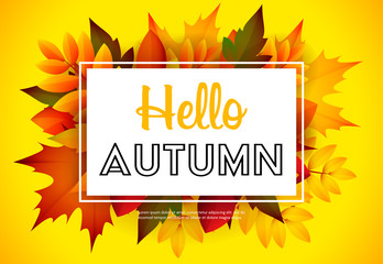 Hello autumn yellow poster design with text sample. Text in frame with red, orange and green fall leaves. Vector illustration can be used for banners, brochures, signs