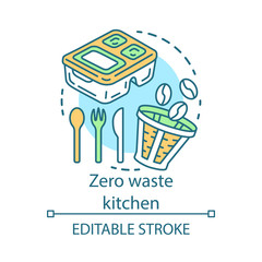 Zero waste kitchen and eco, friendly lifestyle, waste management concept icon. Reusable coffee filter, cutlery, container idea thin line illustration. Vector isolated outline drawing. Editable stroke