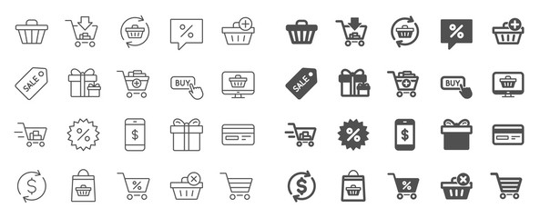Shopping line icons. Gift box, Present coupon and Sale offer tag signs. Shopping cart, surprise gift and Delivery symbols. Speech bubble, Discount tag coupon , Credit card. Online sale. Vector - obrazy, fototapety, plakaty