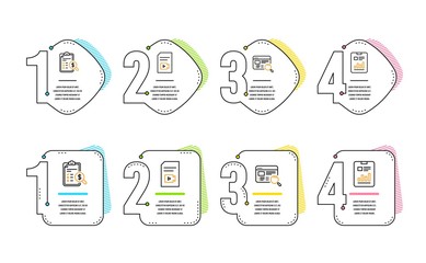 Accounting report, Website search and Video file icons simple set. Report document sign. Check finance, Find internet, Vlog page. Page with charts. Technology set. Infographic timeline. Vector