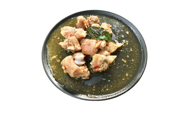 spicy stir fried pork leg with basil on plate