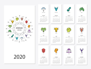 Calendar 2020 with horoscope signs zodiac symbols set