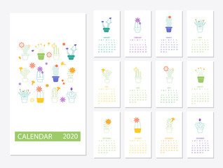 Calendar 2020 set with cactus succulents in minimalistic 