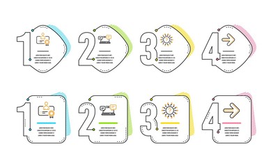 Question mark, Certificate and Internet chat icons simple set. Next sign. Quiz chat, Best employee, Online communication. Forward. Technology set. Infographic timeline. Line question mark icon