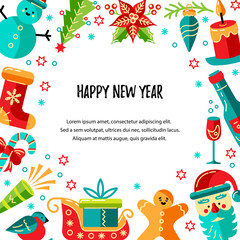 Merry Christmas and Happy New Year card vector illustration. Place for text. Great for New Year party invitation, christmas fair, flyer, banner, poster. Flat and line style design.