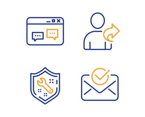 Spanner, Browser window and Refer friend icons simple set. Approved mail sign. Repair service, Website chat, Share. Confirmed document. Technology set. Linear spanner icon. Colorful design set. Vector