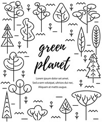 Vector illustration with trees. Place for text. Ecological concept. Template for flyer, poster, invitation, web, announcement. Thin line style design.