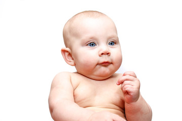 Chubby naked baby with blue eyes isolated closeup