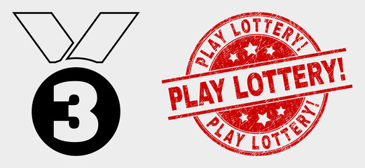 Vector third place award pictogram and Play Lottery! stamp. Red round distress seal stamp with Play Lottery! caption. Vector combination for third place award in flat style.