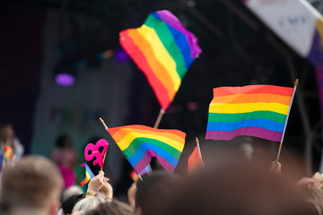 Gay pride, LGBTQ rainbow flags being waved in the air at a pride event