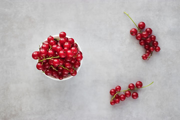 Fresh red currants in a white bowl on a gray background. Top view.