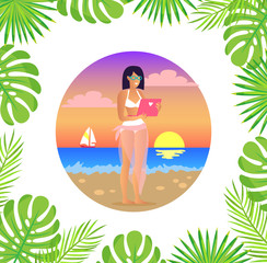 Professional worker freelancer by seaside on beach vector, palm and monstera leaves. Business person in swimming suit online connection with work sailboat