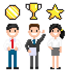 Pixelated characters vector, pixel art game man and woman working in business field, holding award for achievement star and medal certificate 8 bit
