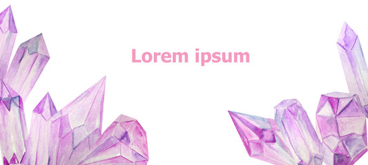 frame of pink crystals with an empty place for an inscription or logo. watercolor template for banner or greeting card