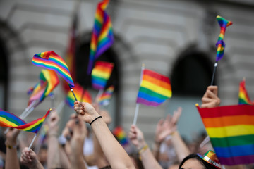 Crowds of people wave gay pride flags at a solidarity march - obrazy, fototapety, plakaty
