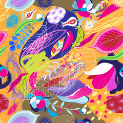 Seamless bright tropical pattern of leaves, spots and flowers