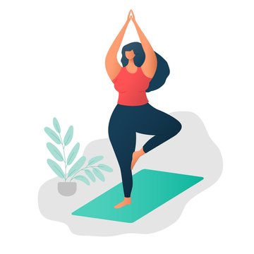 Body Positive Concept. Happy Yoga Plus Size Girl. Attractive Overweight Woman. Yoga And Wellness Concept. For Fat Acceptance Movement No Fatphobia. Beautiful Plus Size Girl In Tree Pose Or Vrikshasana