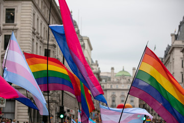 People wave LGBTQ gay pride rainbow flags at a pride event