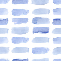 Watercolor hand painted abstract blue brush strokes stains illustration seamless pattern isolated on white background