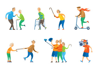 Fototapeta na wymiar Man and woman pensioners vector, old people dancing at disco lady chasing man with wooden stick, person riding scooter, aged character taking selfie, funny grandmother and grandfather