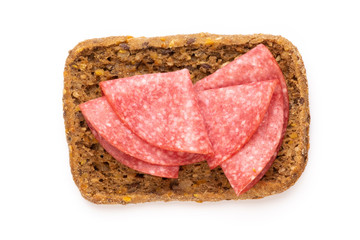 Sandwich with salami sausage on white background.
