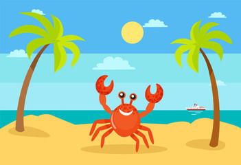 Fototapeta na wymiar Coastal view, seascape vector summertime holidays vector. Crab character palm tree decoration, sunshine of beach, exotic sea water, ship on ocean water, funny smile crab on beach
