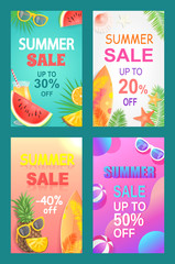 Summer sale vector, season discount leaflets set. Slices of watermelon, pineapple and orange, sun glasses, surfboard and starfish, shell and palm leaves, bunners for summertime business