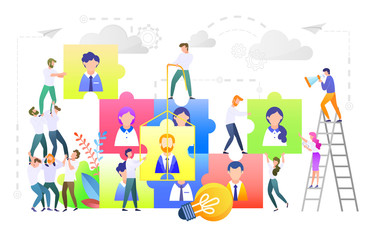 Business teamwork. People working together vector, isolated workers standing on ladder helping each other and building community of professionals, team leaders with puzzles. Team building concept