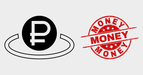 Vector rouble area pictogram and Money seal stamp. Red round grunge seal with Money caption. Vector combination for rouble area in flat style. Black isolated rouble area pictogram.
