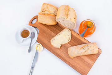 Breakfast with coffee, marmalade and homemade bread